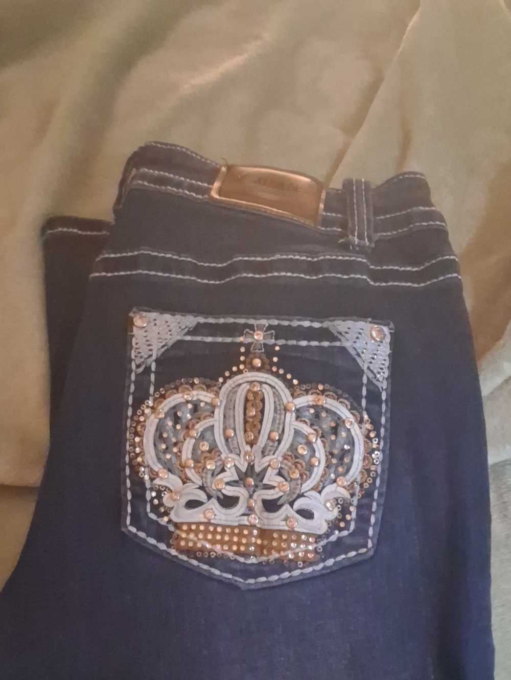 Dark Blue Women's Denim Jeans with Embellished Crown Pocket